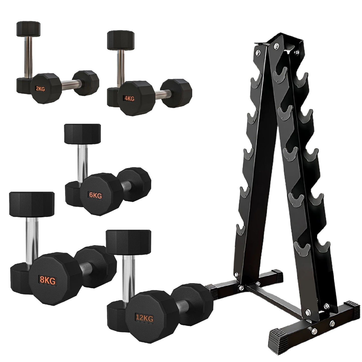 Premium Round Hex Dumbbells with Anti-Roll Design - Rubber-Coated Heads with Knurled Grip - Professional Free Weights Available as Singles, Pairs or Complete Sets - Optional Storage Rack - Strength