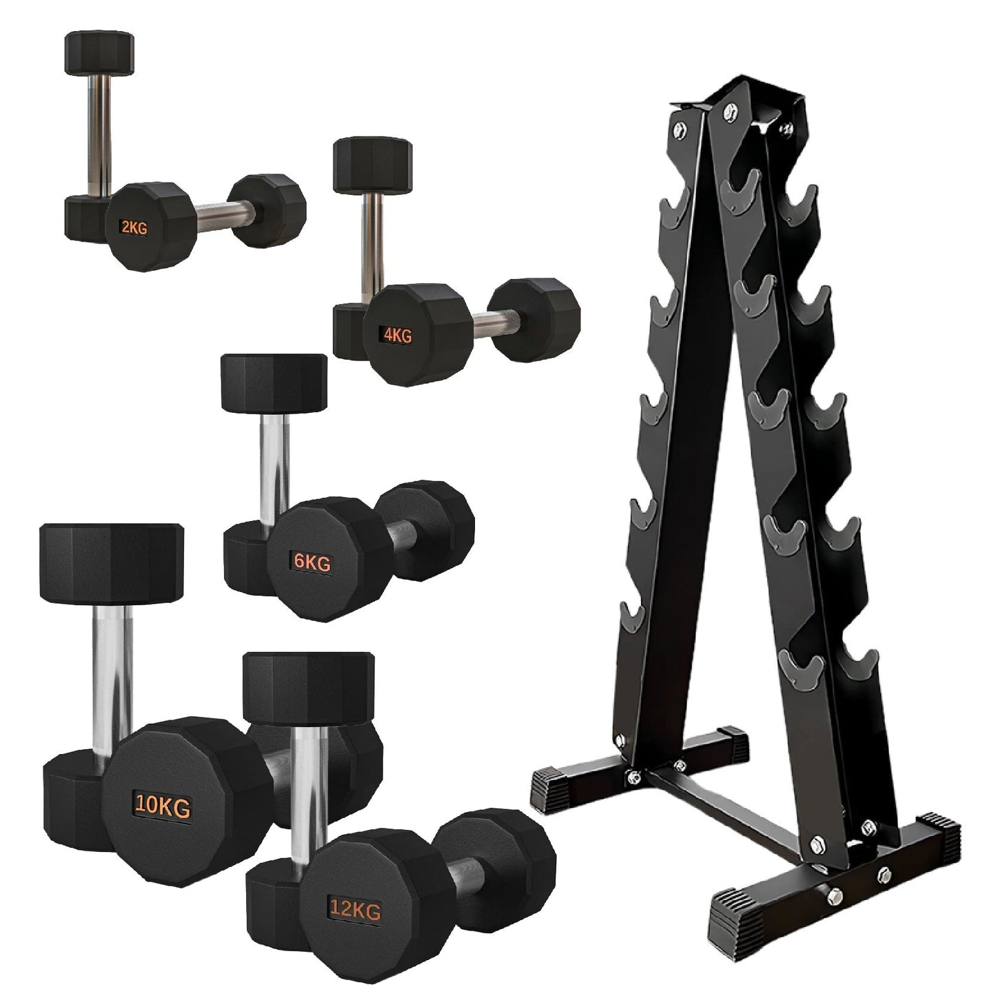 Premium Round Hex Dumbbells with Anti-Roll Design - Rubber-Coated Heads with Knurled Grip - Professional Free Weights Available as Singles, Pairs or Complete Sets - Optional Storage Rack - Strength
