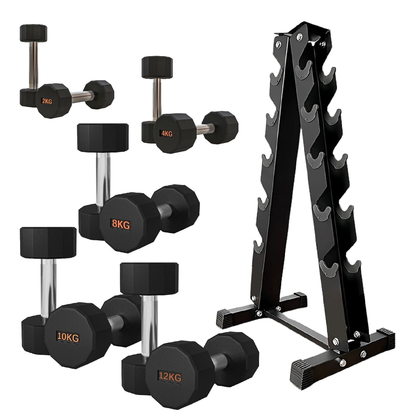 Premium Round Hex Dumbbells with Anti-Roll Design - Rubber-Coated Heads with Knurled Grip - Professional Free Weights Available as Singles, Pairs or Complete Sets - Optional Storage Rack - Strength