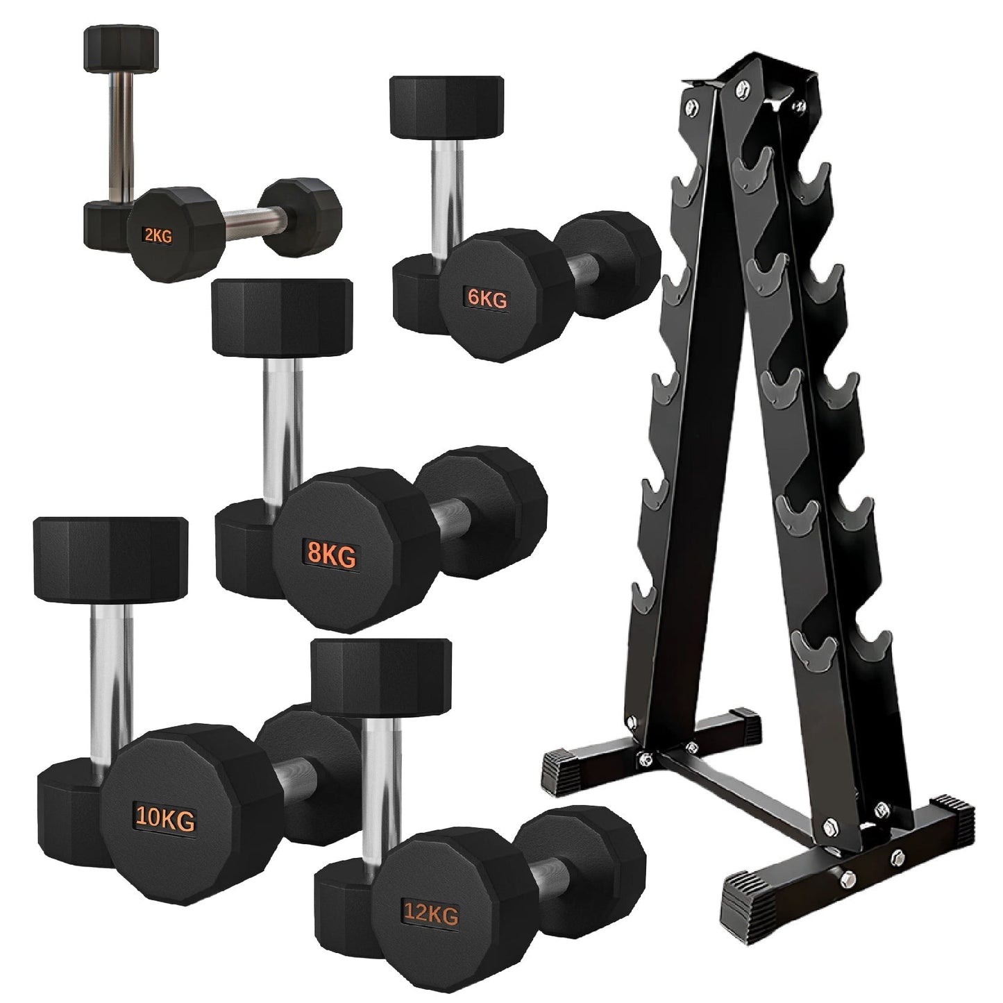 Premium Round Hex Dumbbells with Anti-Roll Design - Rubber-Coated Heads with Knurled Grip - Professional Free Weights Available as Singles, Pairs or Complete Sets - Optional Storage Rack - Strength