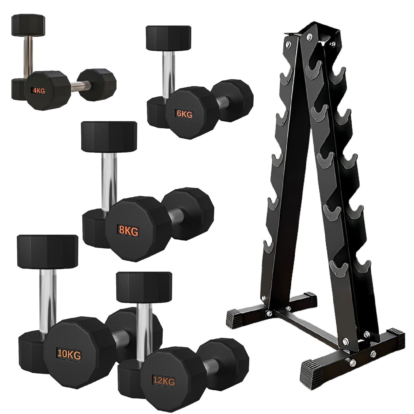 Premium Round Hex Dumbbells with Anti-Roll Design - Rubber-Coated Heads with Knurled Grip - Professional Free Weights Available as Singles, Pairs or Complete Sets - Optional Storage Rack - Strength