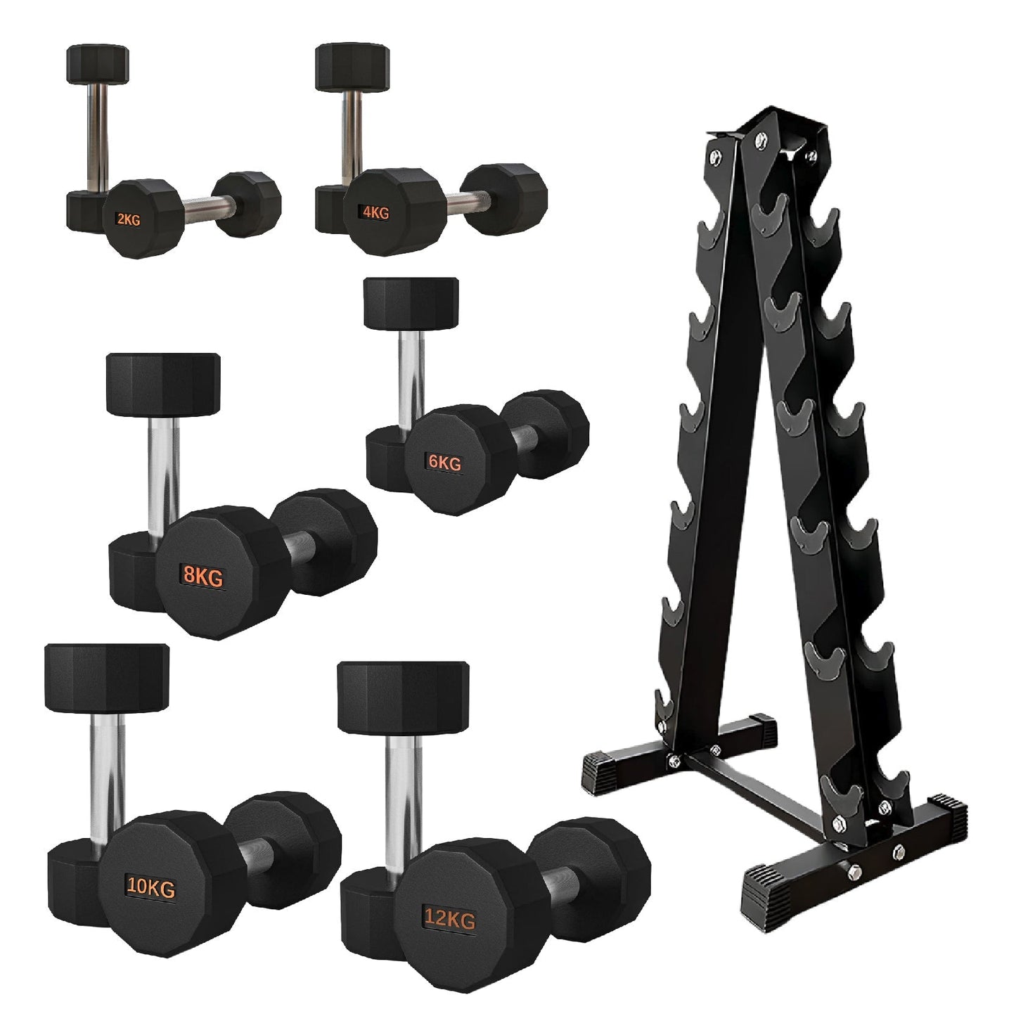 Premium Round Hex Dumbbells with Anti-Roll Design - Rubber-Coated Heads with Knurled Grip - Professional Free Weights Available as Singles, Pairs or Complete Sets - Optional Storage Rack - Strength