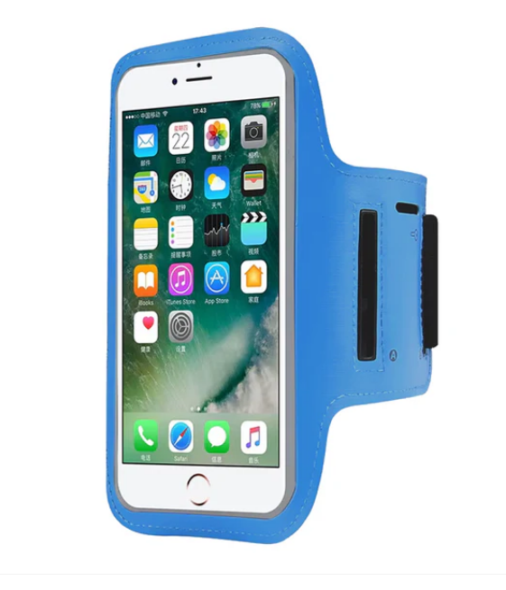 Blue phone armband with smartphone displaying app icons on a white background