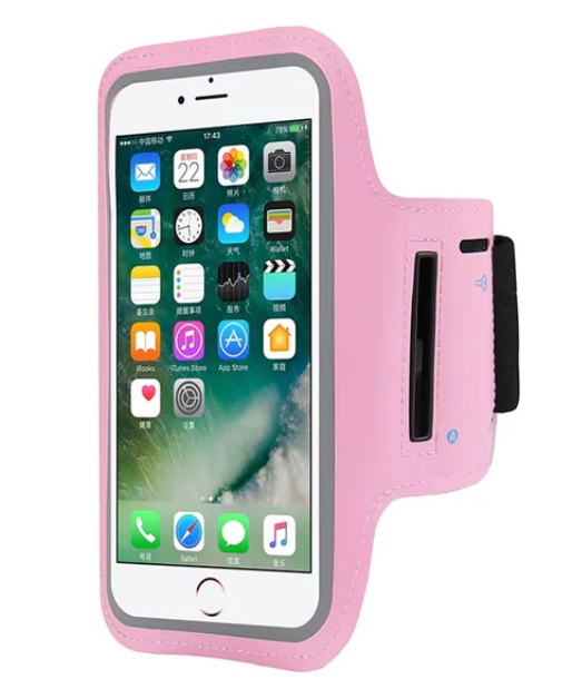 Pink phone armband with smartphone displaying app icons on a white background