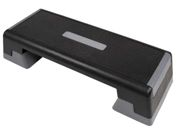 Black step platform with gray accents on a white background