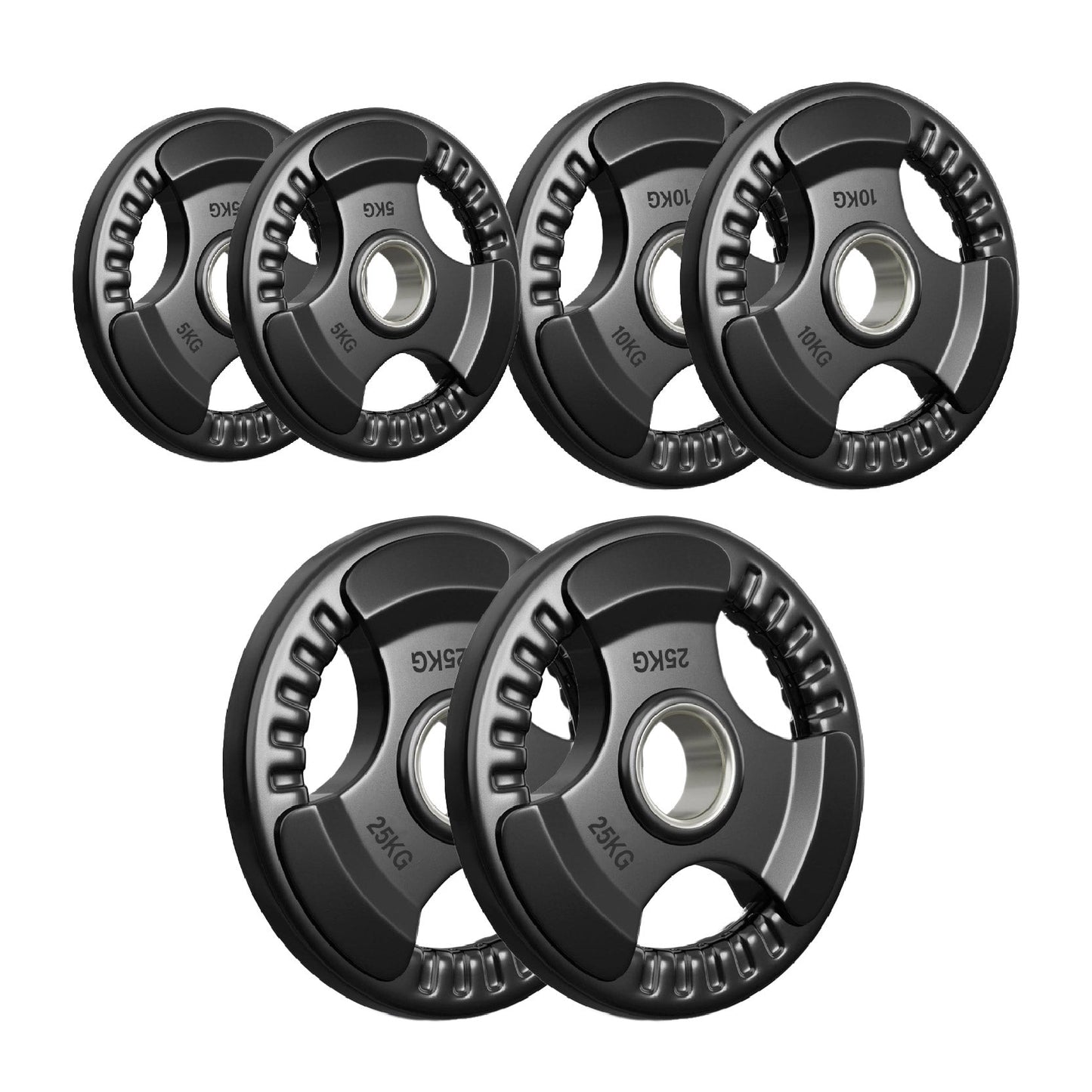 Tri-Grip Olympic Weight Plate - Premium Black Rubber Coated Cast Iron with 2" Hole - Professional Strength Training Plates for Home and Commercial Gyms - Enhanced Grip Design for Barbell Exercises