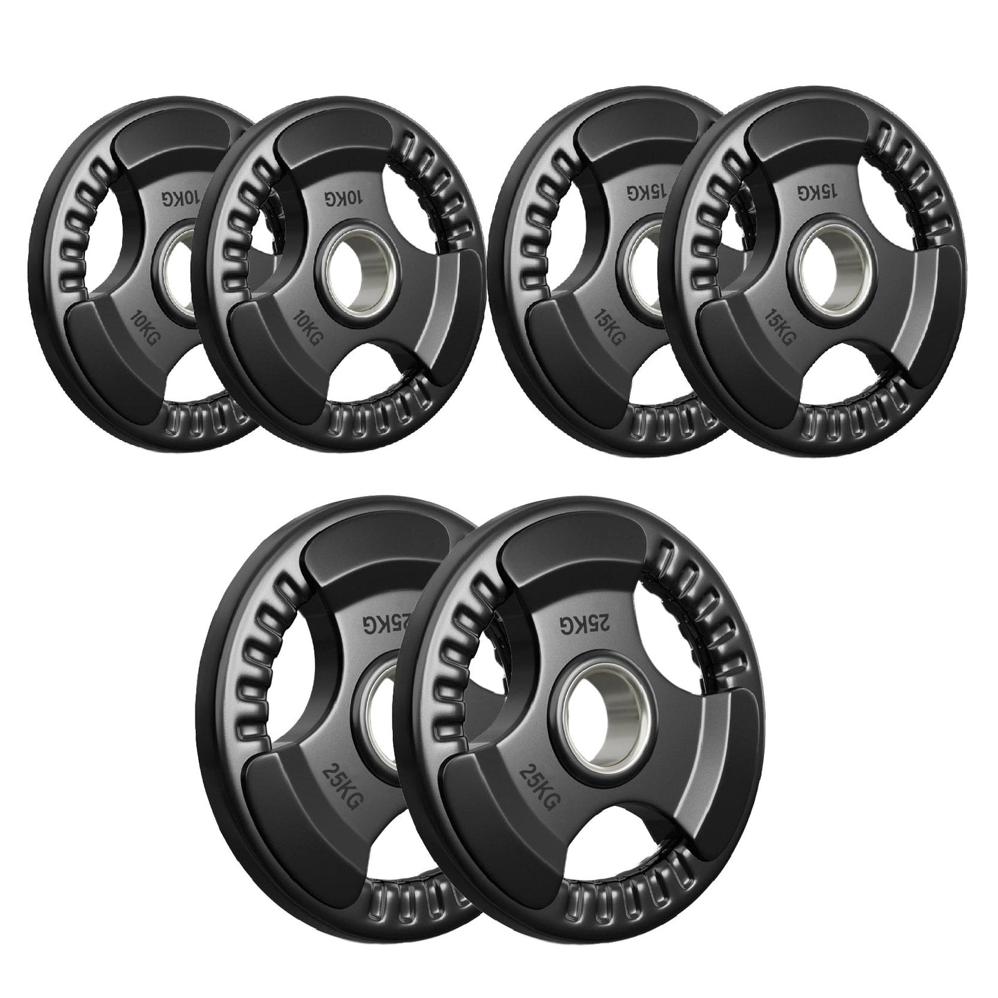 Tri-Grip Olympic Weight Plate - Premium Black Rubber Coated Cast Iron with 2" Hole - Professional Strength Training Plates for Home and Commercial Gyms - Enhanced Grip Design for Barbell Exercises