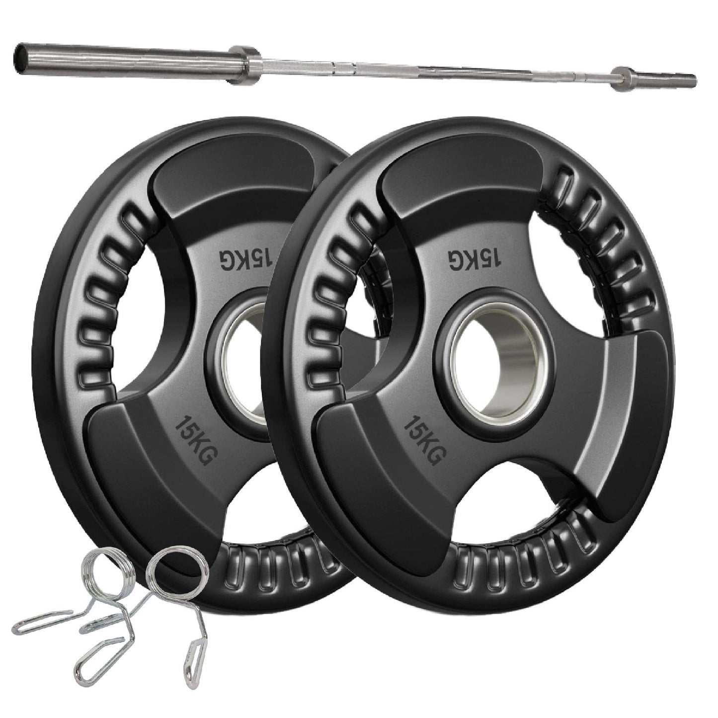 Tri-Grip Olympic Weight Plate - Premium Black Rubber Coated Cast Iron with 2" Hole - Professional Strength Training Plates for Home and Commercial Gyms - Enhanced Grip Design for Barbell Exercises