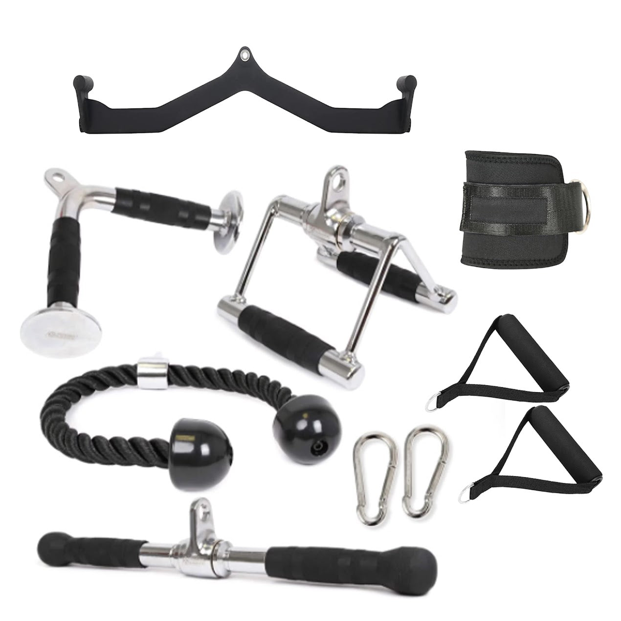 Premium Cable Machine Attachments Set – Tricep Rope, V-Bar, Lat Pulldown Bar, Seated Row Handle, Straight Bar & Ankle Straps | Multi-Gym Cable Attachments for Strength Training & Home Gym Workouts
