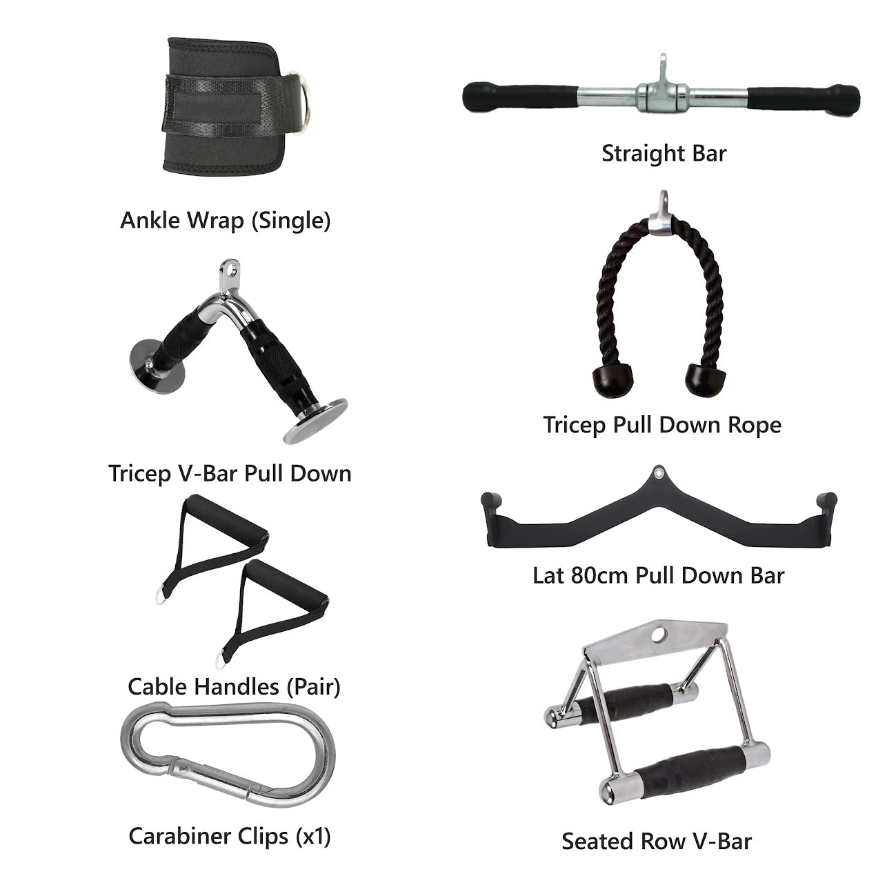 Premium Cable Machine Attachments Set – Tricep Rope, V-Bar, Lat Pulldown Bar, Seated Row Handle, Straight Bar & Ankle Straps | Multi-Gym Cable Attachments for Strength Training & Home Gym Workouts
