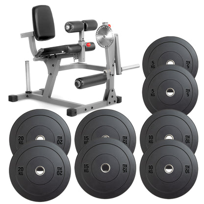 Weight bench with weight plates on a white background