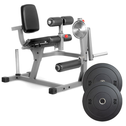 Leg press machine with weight plates on a white background