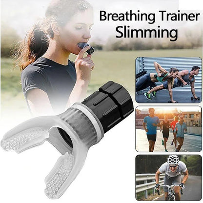 Breathing trainer slimming device with people exercising outdoors on a white background
