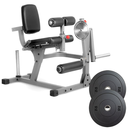 Leg press machine with weight plates on a white background
