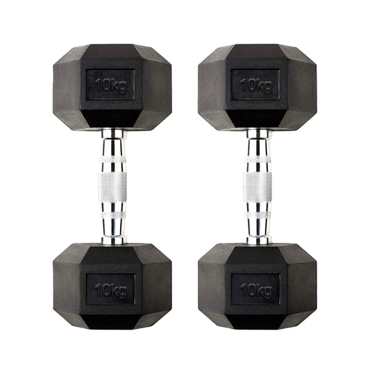 10kg Rubber Hex Dumbbells – Cast Iron Core with Rubber Coating & Knurled Metal Handles | Anti-Roll Free Weights for Strength Training & Home Gym Workouts