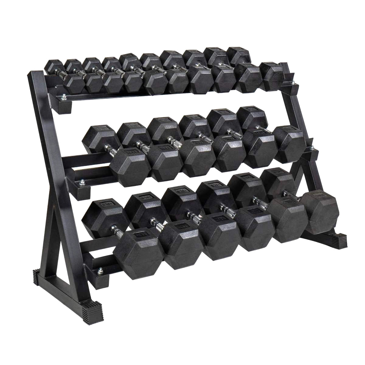 Black hexagonal dumbbells on a metal rack on a white background