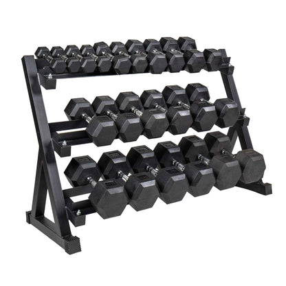 Black hexagonal dumbbells on a metal rack on a white background