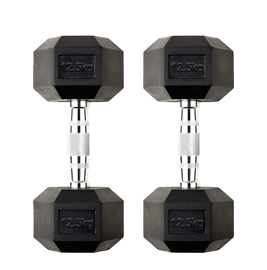 12.5kg Rubber Hex Dumbbells – Cast Iron Core with Rubber Coating & Textured Metal Handles | Durable Free Weights for Strength Training & Home Gym Workouts