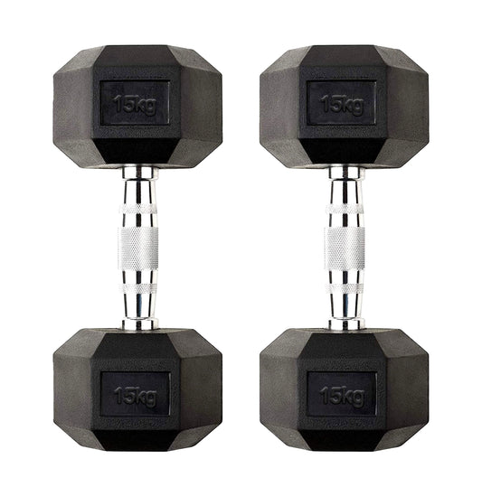 15kg Rubber Hex Dumbbells – Cast Iron Core with Rubber Coating & Non-Slip Metal Handles | Heavy Free Weights for Strength Training & Home Gym Workouts