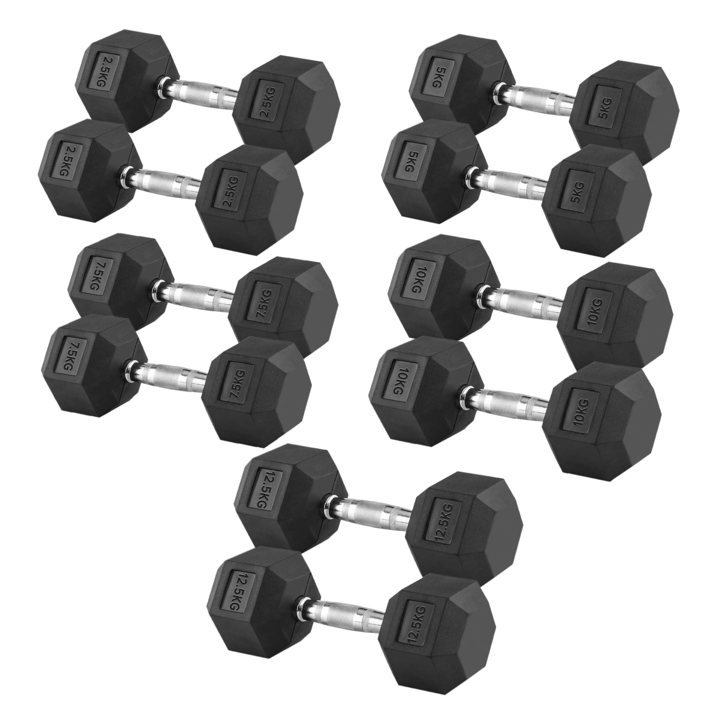 Professional Hex Dumbbell Set with 5-Tier Storage Rack - Complete 5 Pairs Rubber Coated Weight Set - Commercial Grade Exercise Dumbbells from 2.5kg to 25kg - Chrome Handles - Anti-Slip Grip