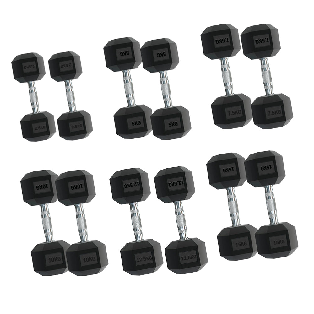 Premium Hex Dumbbell Set - Complete 6 Pairs with A6 Tree Rack - Rubber Coated Weights from 2.5kg to 30kg - Commercial Grade Knurled Grip - Heavy Duty Vertical Storage Solution for Home Gym or Studio