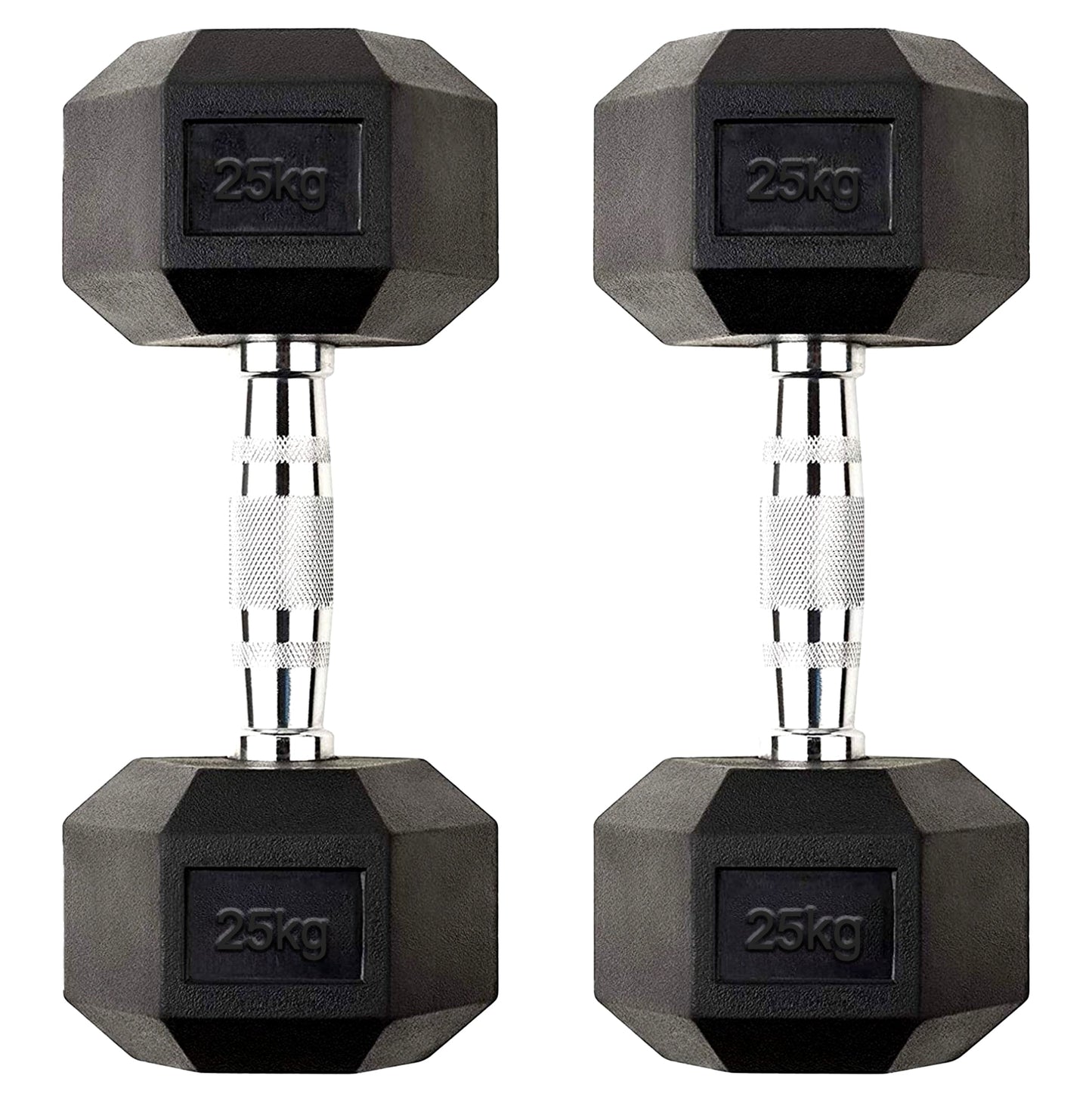 25kg Rubber Hex Dumbbells – Heavy-Duty Cast Iron with Rubber Coating & Deep Knurled Handles | Professional Free Weights for Strength Training at Home & Gym
