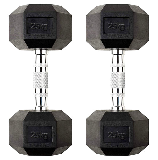 25kg Rubber Hex Dumbbells – Heavy-Duty Cast Iron with Rubber Coating & Deep Knurled Handles | Professional Free Weights for Strength Training at Home & Gym