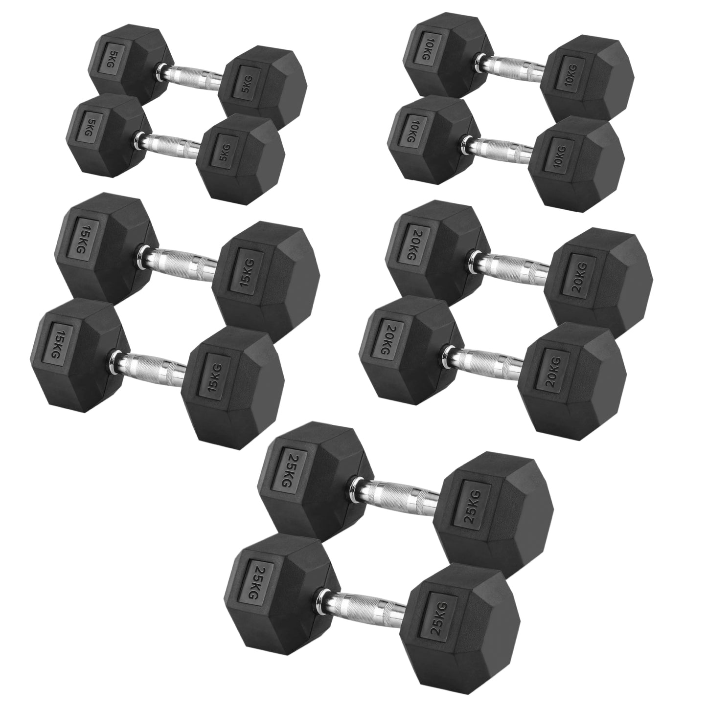 Professional Hex Dumbbell Set with 5-Tier Storage Rack - Complete 5 Pairs Rubber Coated Weight Set - Commercial Grade Exercise Dumbbells from 2.5kg to 25kg - Chrome Handles - Anti-Slip Grip