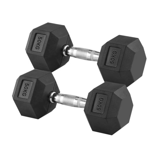 50kg Rubber Hex Dumbbells – Heavy Duty Cast Iron Weights with Rubber Coating & Steel Handles for Powerlifting, Muscle Gain & Home Gym Strength Training