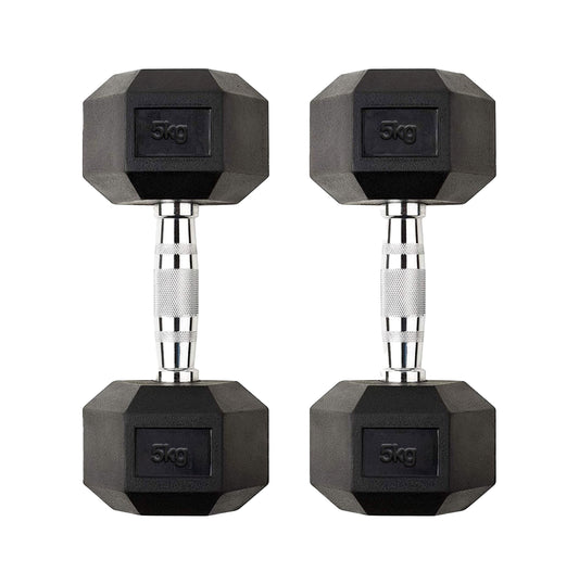 5kg Rubber Hex Dumbbells – Cast Iron Core with Rubber Coating & Knurled Metal Handles | Durable Free Weights for Strength Training & Home Gym Workouts.
