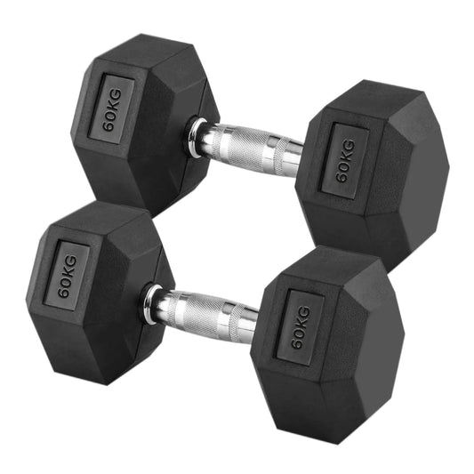 60kg Rubber Hex Dumbbells – Heavy Duty Cast Iron Hand Weights with Rubber Coating & Knurled Steel Handles for Strength Training & Home Gym Workouts