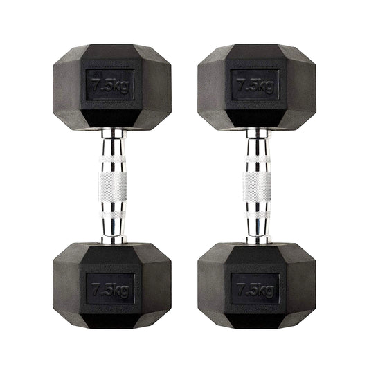 7.5kg Rubber Hex Dumbbells – Solid Cast Iron Core with Rubber Coating & Anti-Slip Metal Handles | Compact Free Weights for Strength Training & Home Gym Workouts