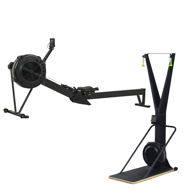 Black rowing machine on a white background