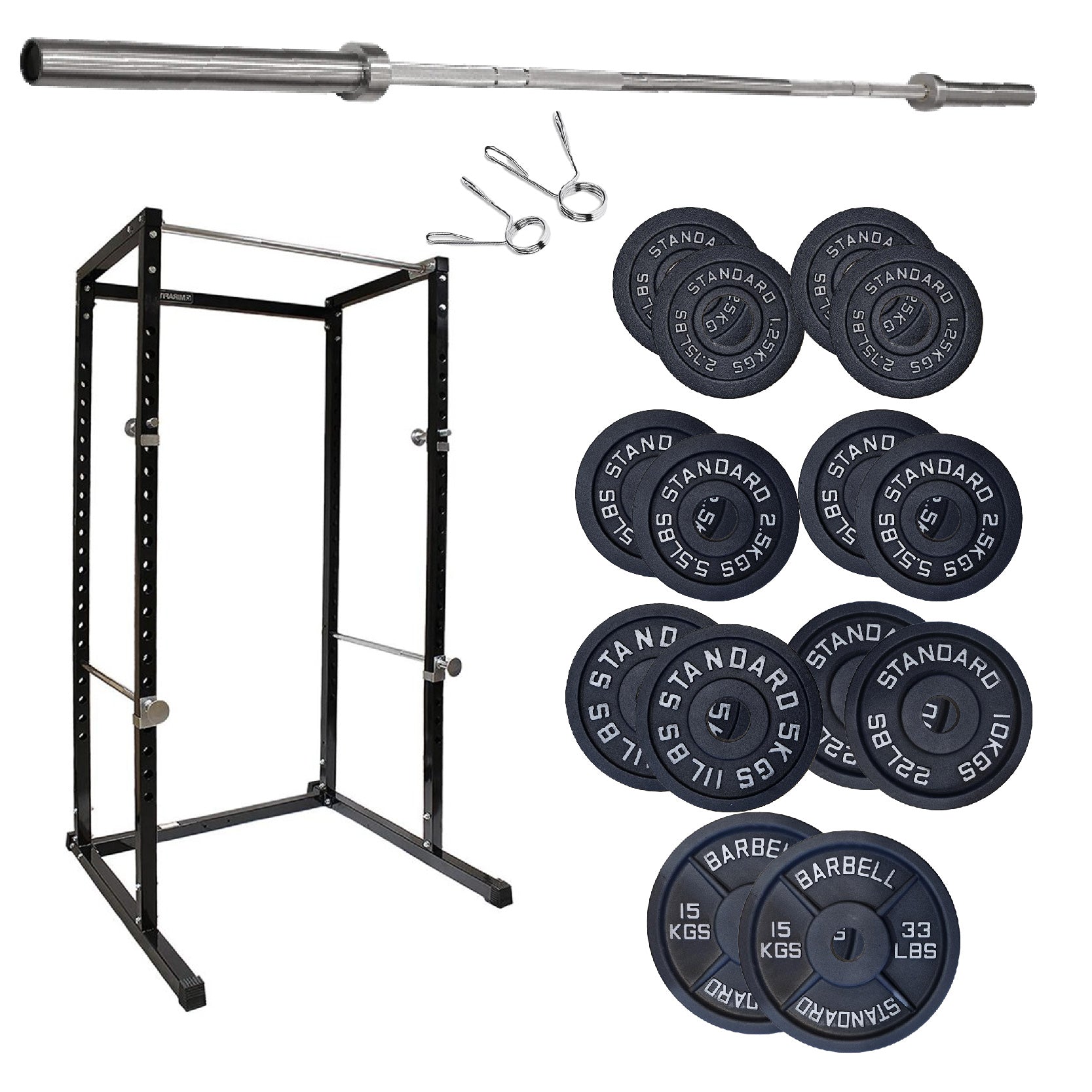 Gym equipment set including a power rack, barbell, and weight plates on a white background