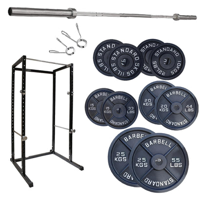Gym equipment set including a barbell, weight plates, and rack on a white background