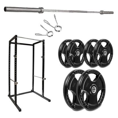 Collection of gym equipment including a barbell, weight plates, and rack on a white background