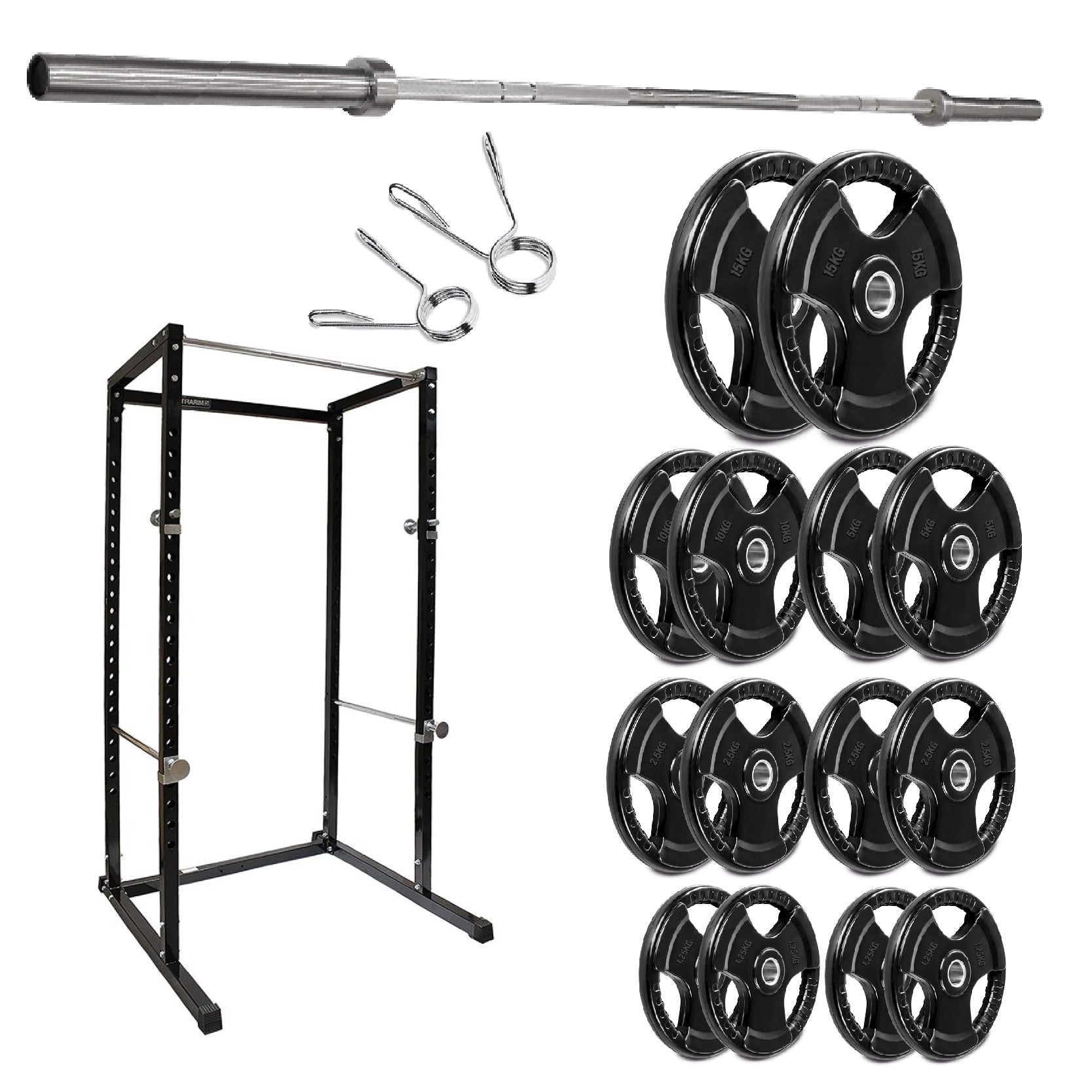 Gym equipment set including a power rack, barbell, weight plates, and attachments on a white background.