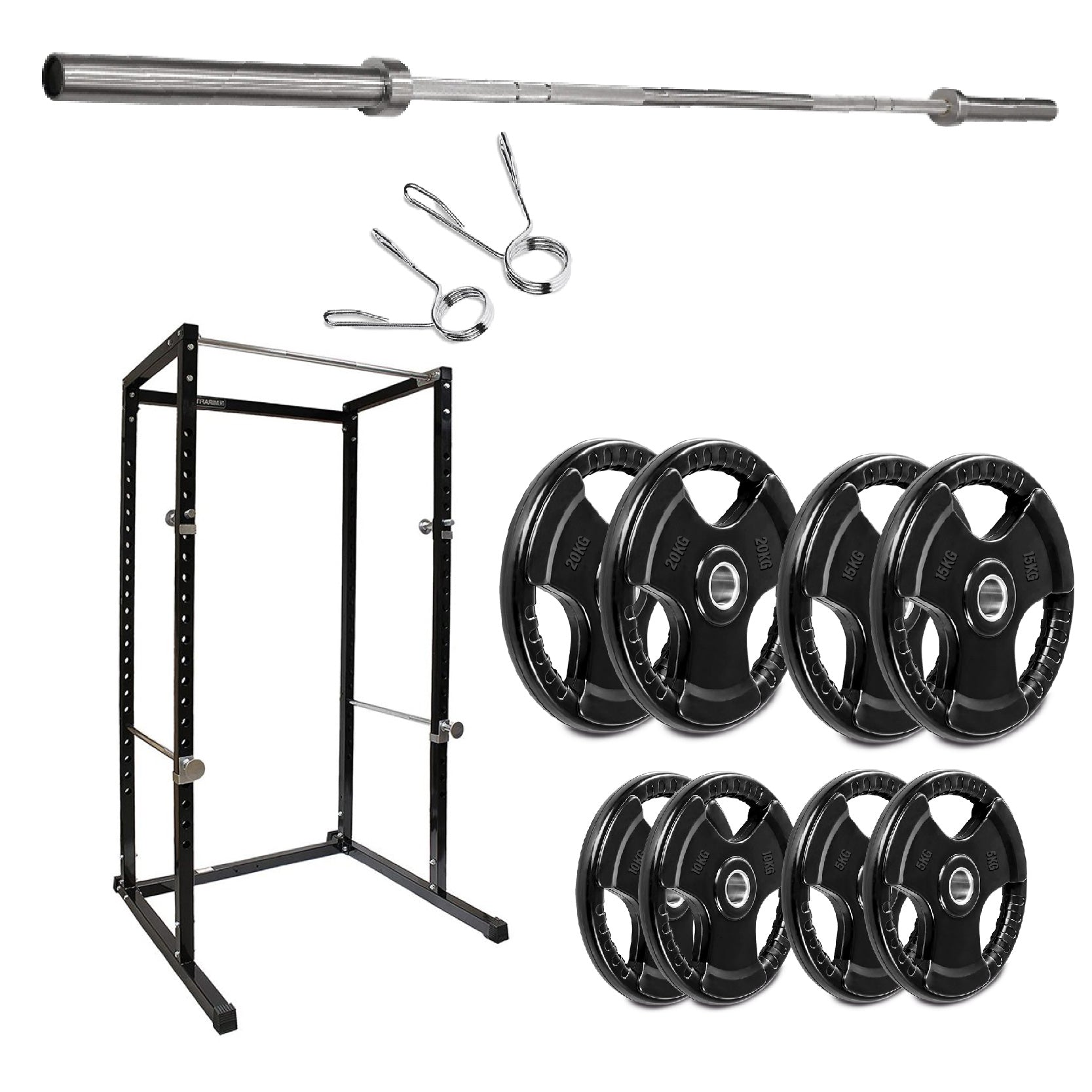 Weightlifting equipment including a barbell, weight plates, and a power rack on a white background.