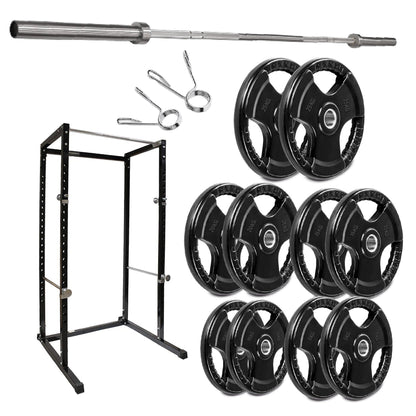 Gym equipment set including a barbell, weight plates, and rack on a white background