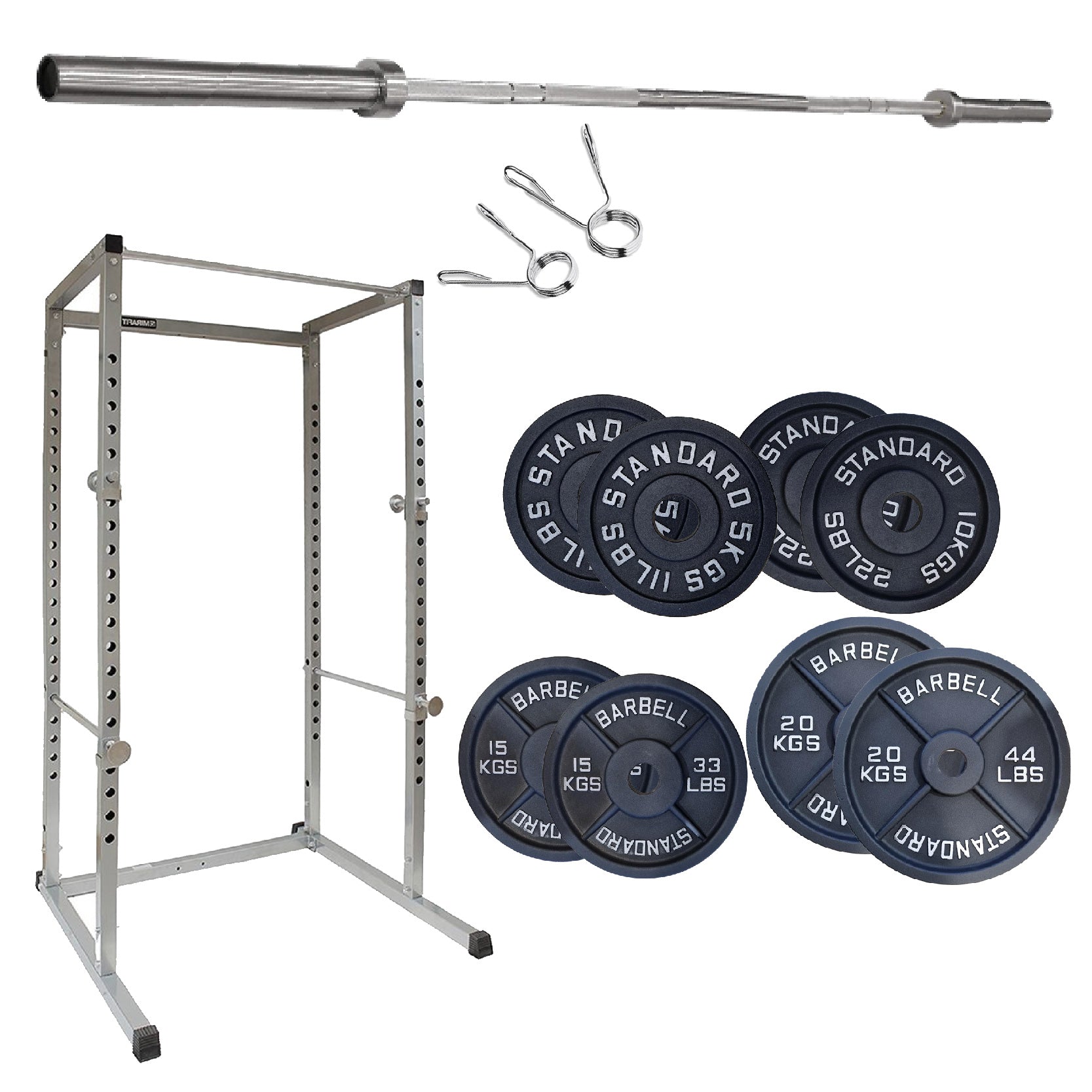 Gym equipment including a power rack, barbell, and weight plates on a white background