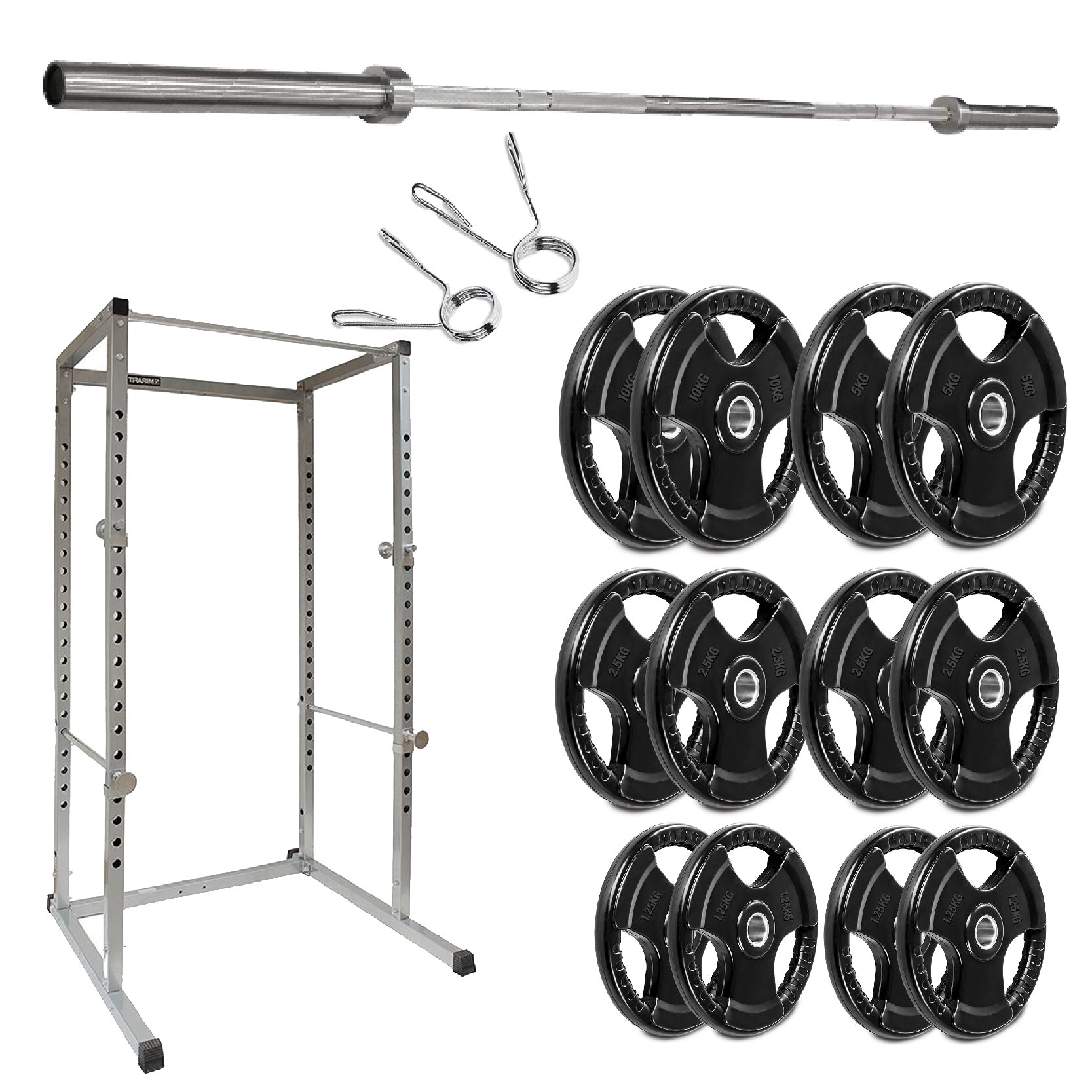 Weightlifting equipment including a barbell, weight plates, and a power rack on a white background.