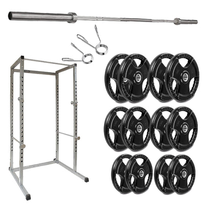Weightlifting equipment including a barbell, weight plates, and a power rack on a white background.