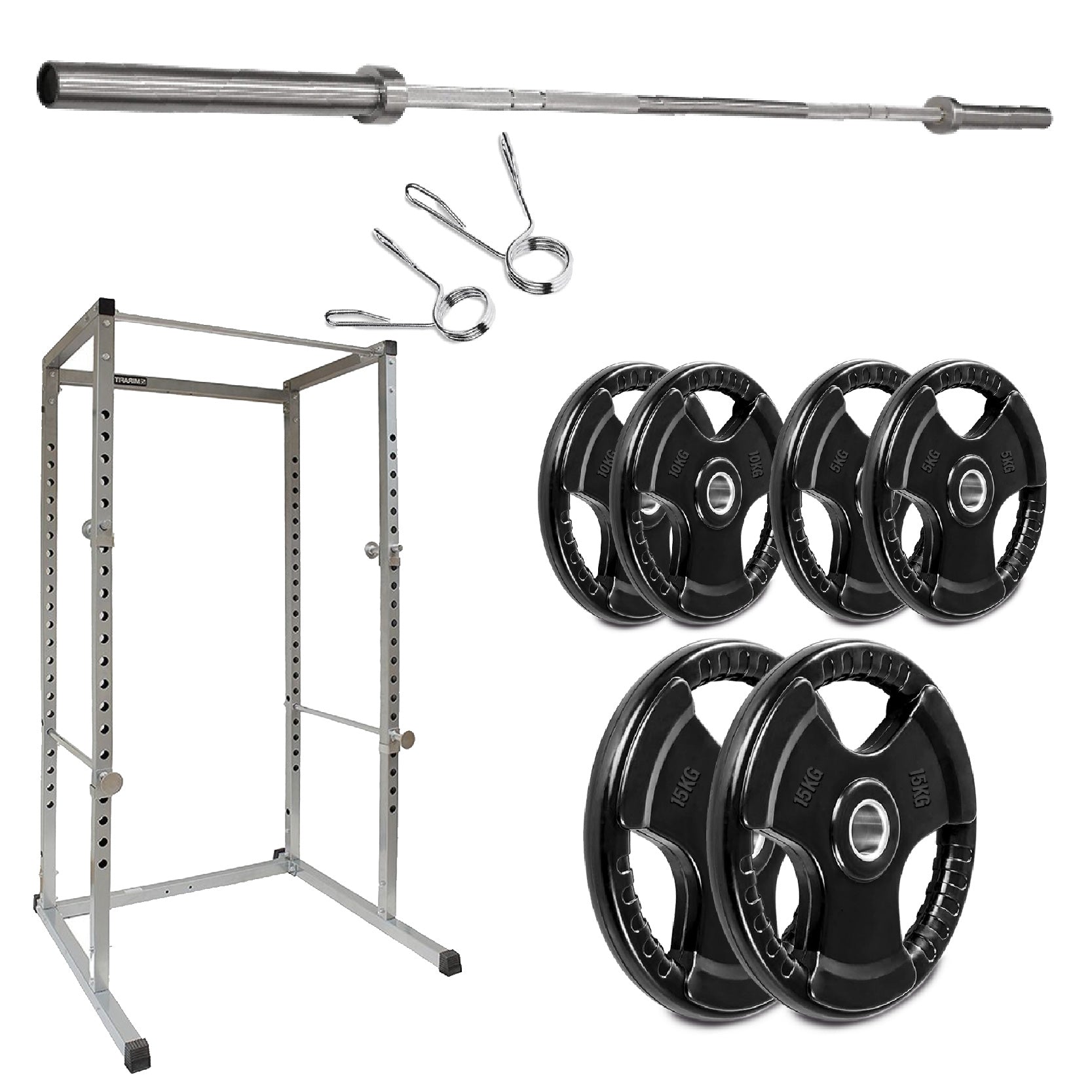 Gym equipment including a barbell, weight plates, and rack on a white background