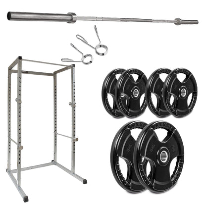 Gym equipment including a barbell, weight plates, and rack on a white background