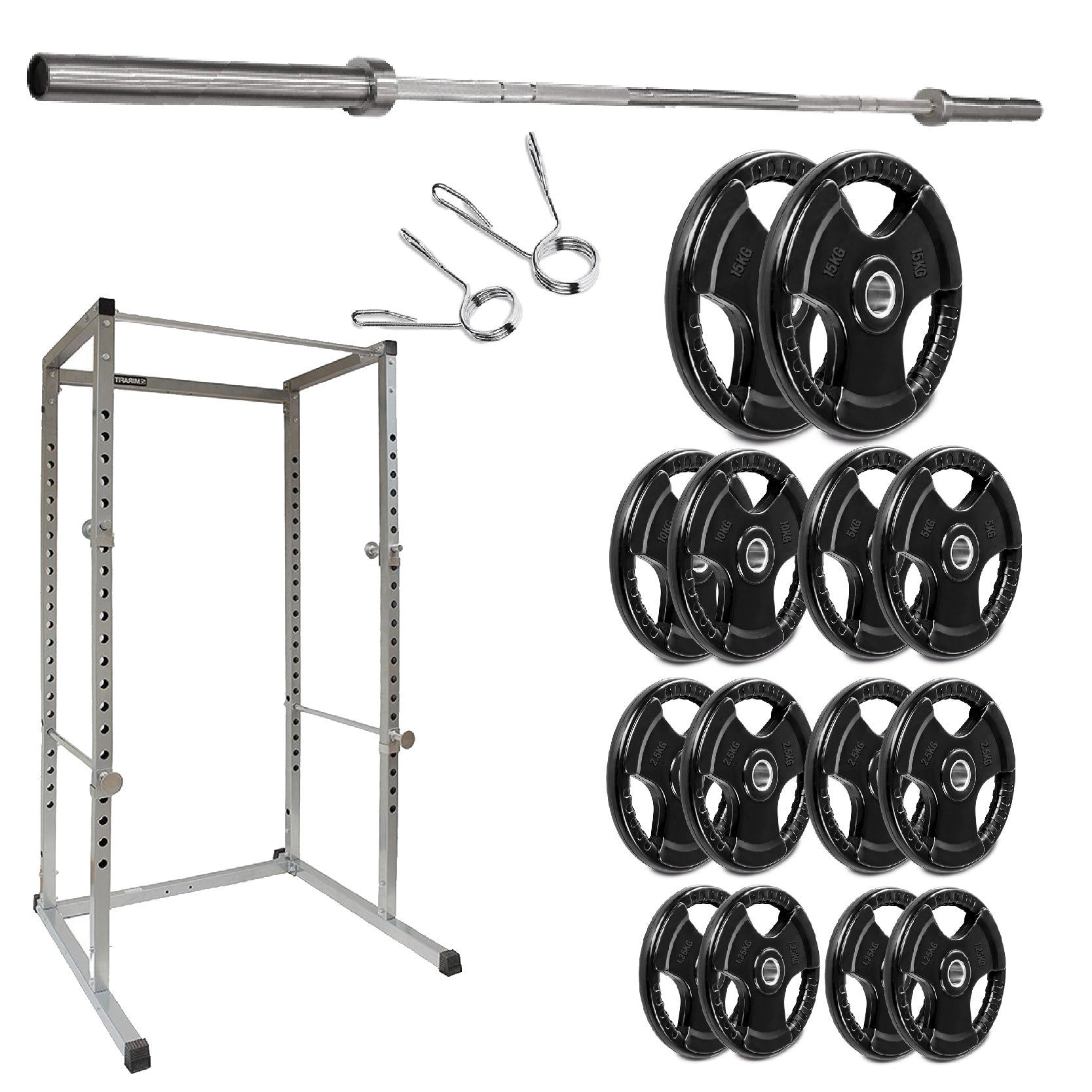 Gym equipment including a barbell, weight plates, and rack on a white background