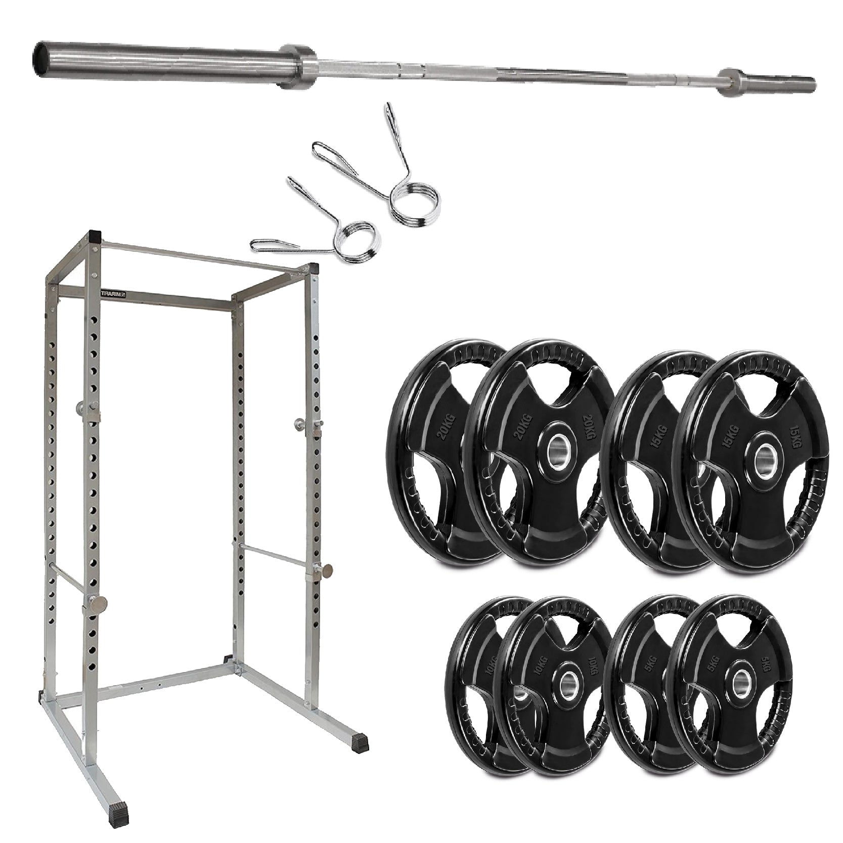 Weightlifting equipment including a power rack, barbell, weight plates, and clips on a white background.