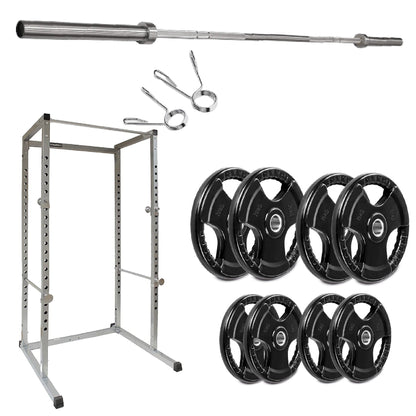 Weightlifting equipment including a power rack, barbell, weight plates, and clips on a white background.