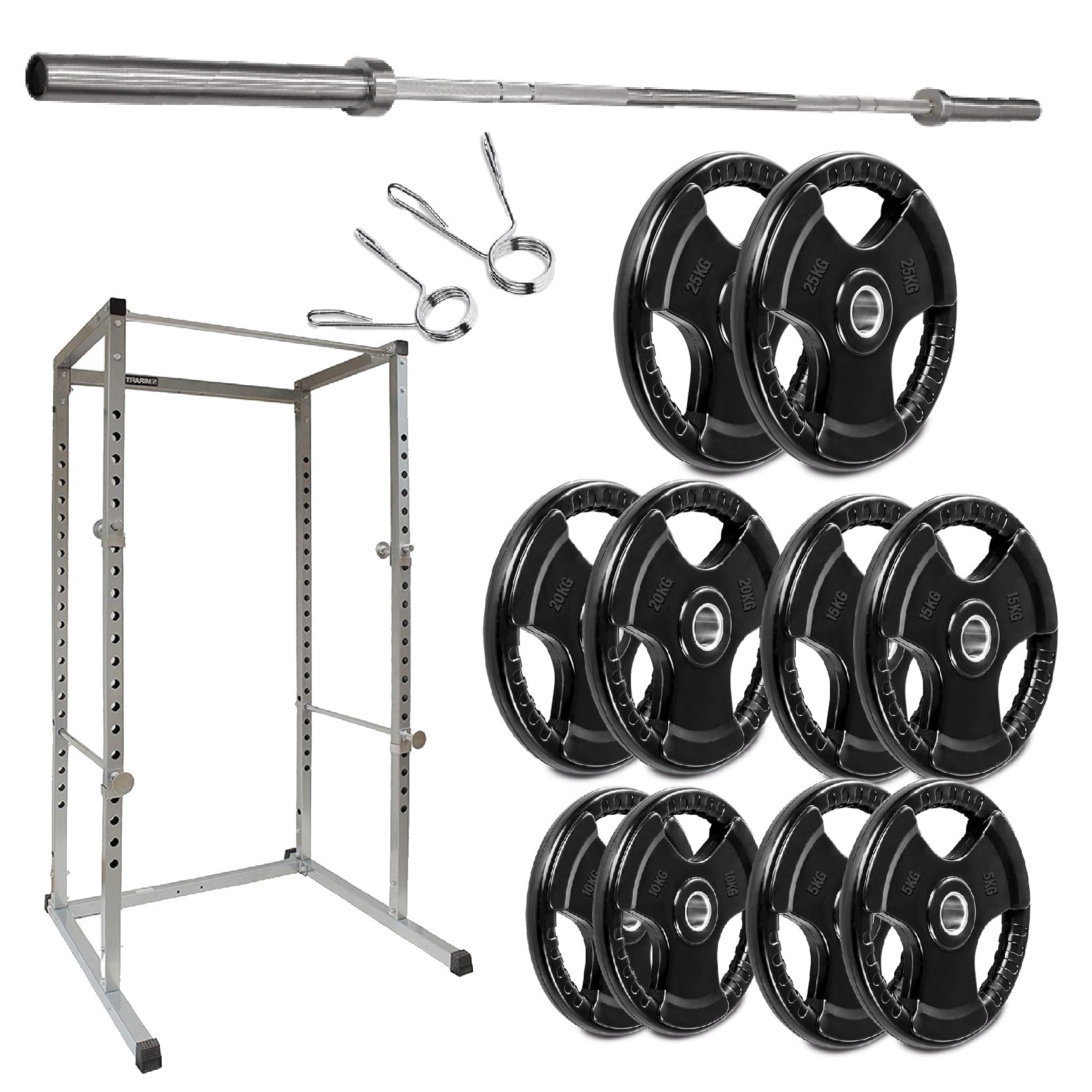 Weightlifting equipment including a barbell, weight plates, and a power rack on a white background.