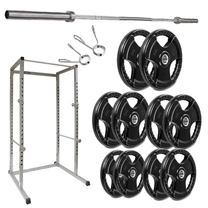 Weightlifting equipment including a barbell, weight plates, and a power rack on a white background.