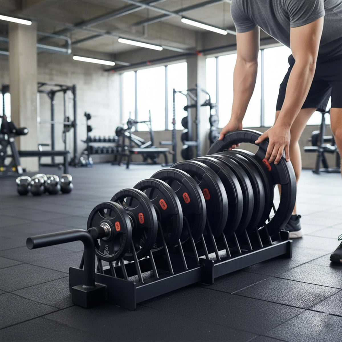 Person handling a weight plate on a rack in a gym setting